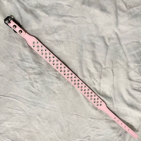 PINK BLACK STUDDED DOG COLLAR LEATHER W BITE RESISTANT RIVETS ADJUSTABLE BUCKLE - Picture 2 of 8